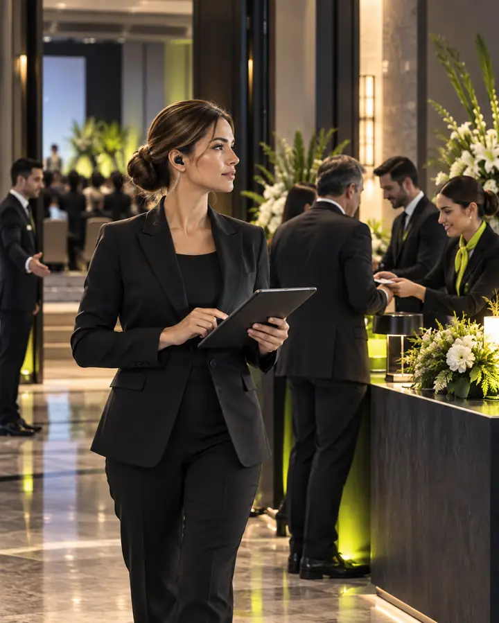 Coordinadora de logística con tableta durante un evento corporativo